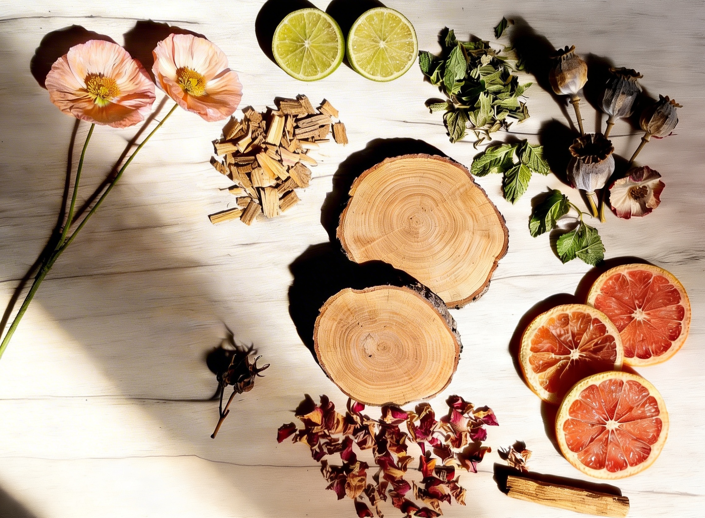 Wooden slices, dried flowers, and sliced citrus on a wooden surface