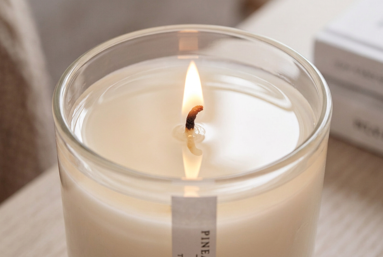 Candle in a glass jar with a label, burning on a wooden surface.