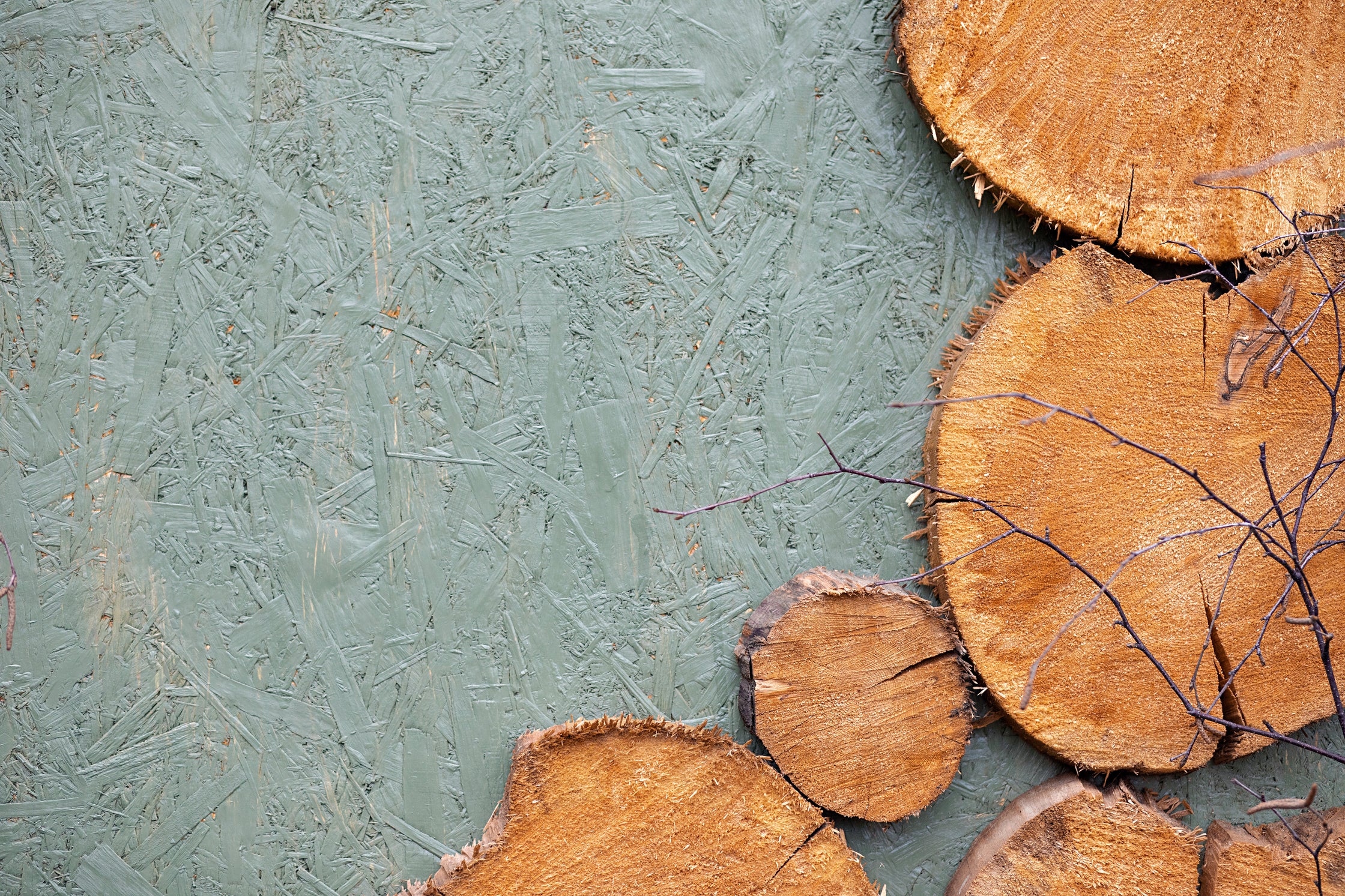 Three wooden logs on a textured green surface